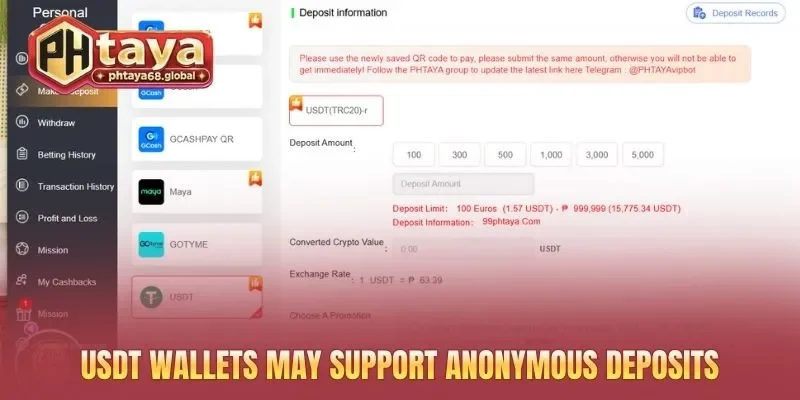 USDT wallets may support anonymous deposits